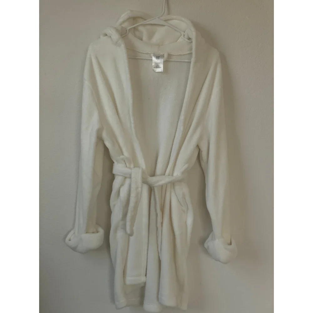 Gap Kids White Fleece Hooded Bathrobe Size 14 Recycled Polyester Tie Waist Robe